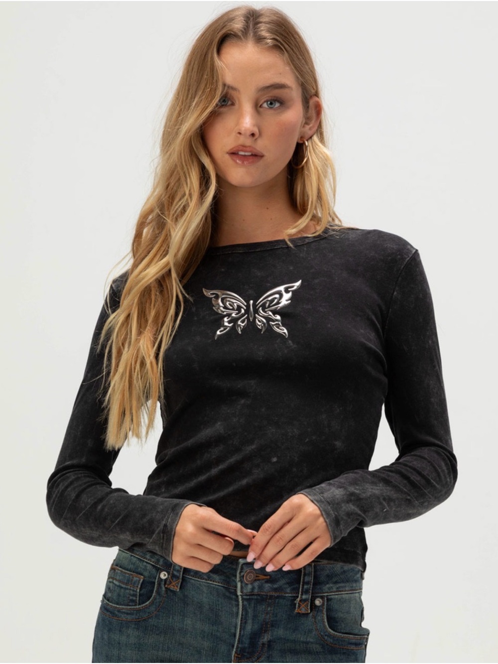 FULL TILT Chrome Butterfly Womens Long Sleeve Baby Tee - Black - Size XS